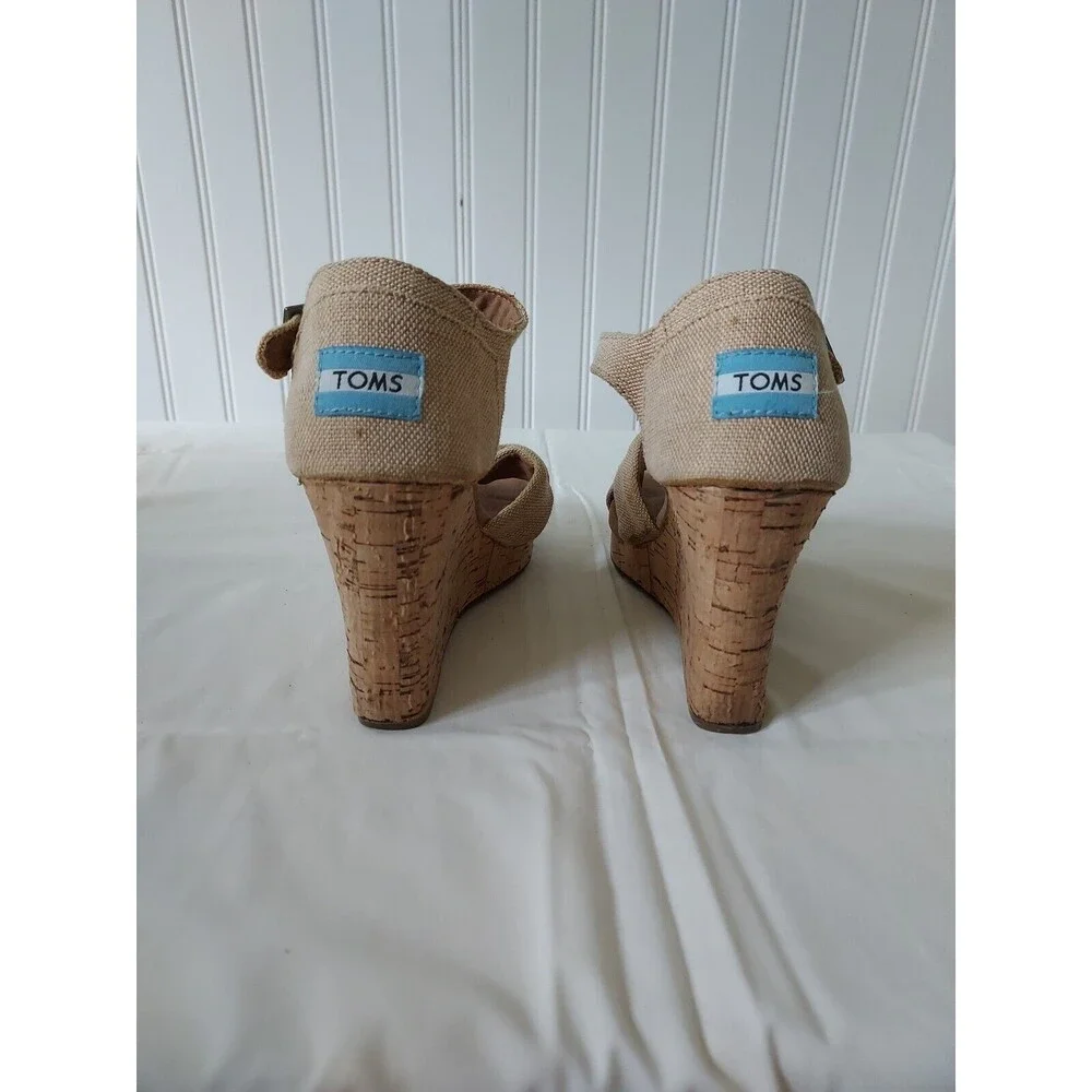 Toms Women's Size 7.5 Sierra Natural Canvas Cork Strappy‎ Wedges Sandals